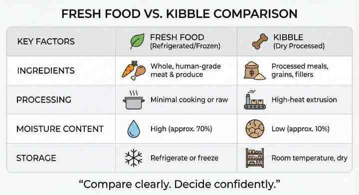 Comparison Table: Fresh Dog Food vs. Kibble